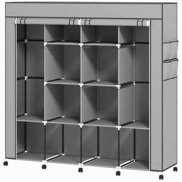 Fabric Wardrobe with 2 Hanging Rods, 10 Shelves, Grey