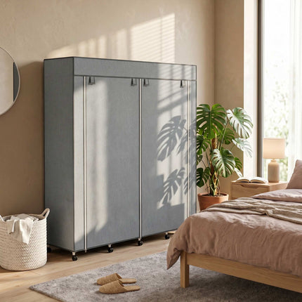 Fabric Wardrobe with 2 Hanging Rods, 10 Shelves, Grey
