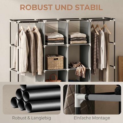 Fabric Wardrobe with 2 Hanging Rods, 10 Shelves, Grey