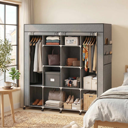 Fabric Wardrobe with 2 Hanging Rods, 10 Shelves, Grey