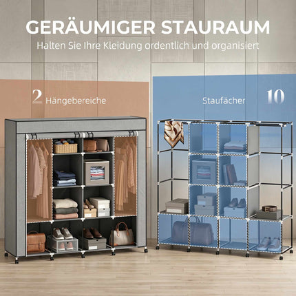 Fabric Wardrobe with 2 Hanging Rods, 10 Shelves, Grey