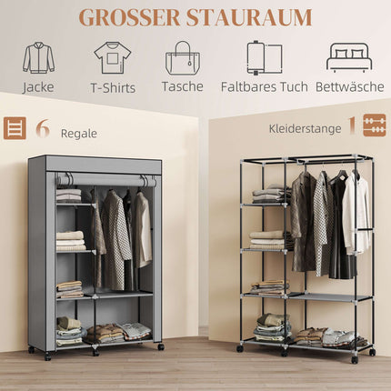 Fabric Wardrobe with 6 Shelves and Hanging Rod, Light Gray