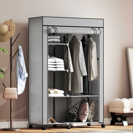 Fabric Wardrobe with 6 Shelves and Hanging Rod, Light Gray