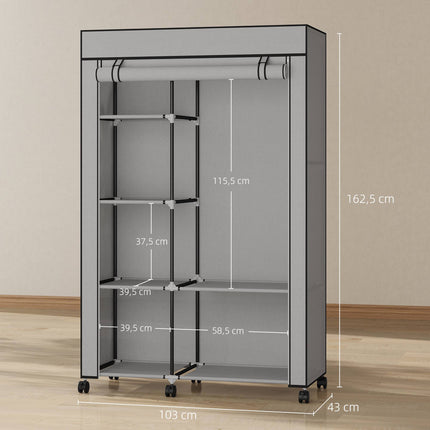 Fabric Wardrobe with 6 Shelves and Hanging Rod, Light Gray