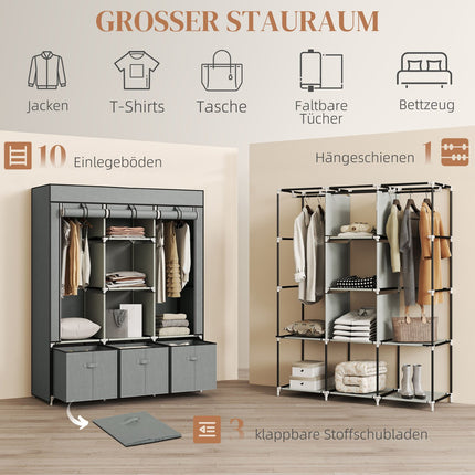 Foldable Fabric Wardrobe with Drawers, Light Grey, 125x43x162.5 cm