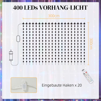 Fairy Lights 3×3m 400 LED's Lichtgordijn met instelbare helderheid Muzieksynchronisatie Scènemodi Timerfunctie Fairy Lights Gordijn Binnen Buiten IP44 voor Bruiloft, Feest, Kerstmis