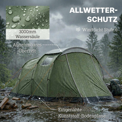 Family Camping Tent, 3-4 Person, 3000mm Waterproof, Green