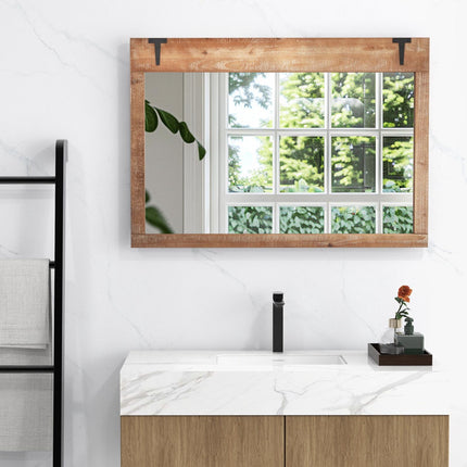 Farmhouse Barn Door Wall Mirror, 39x27.5 Inch, Wood Frame