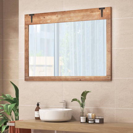 Farmhouse Barn Door Wall Mirror, 39x27.5 Inch, Wood Frame