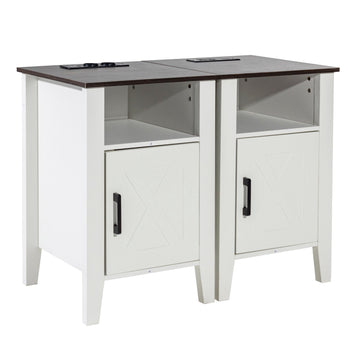 Farmhouse End Tables Set of 2, USB Outlets, LED Cabinet