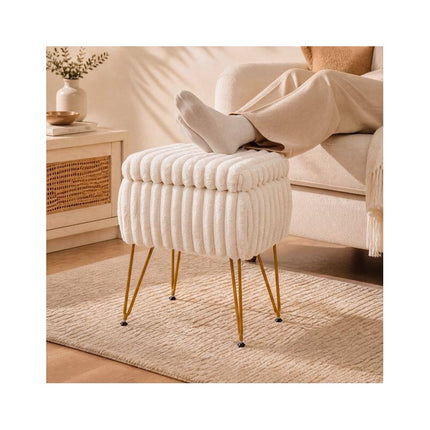 Faux Fur Ottoman 2-in-1 with Hidden Storage and Metal Legs, Beige & Gold