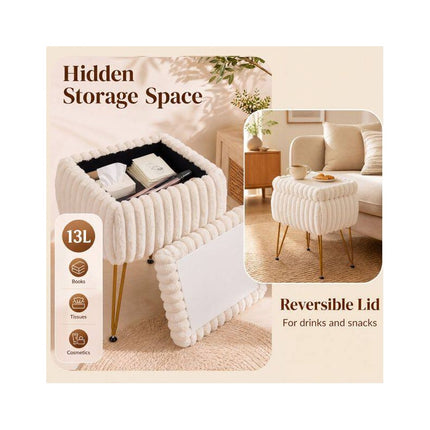 Faux Fur Ottoman 2-in-1 with Hidden Storage and Metal Legs, Beige & Gold