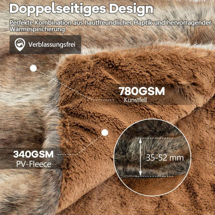 Faux Fur Throw Blanket, Brown-Taupe, 153 x 203 cm