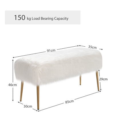 Faux Fur Vanity Stool, Gold Metal Legs, White 91x35cm