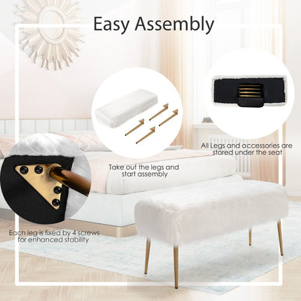 Faux Fur Vanity Stool, Gold Metal Legs, White 91x35cm