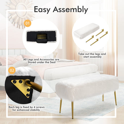 Faux Fur Vanity Stool, Gold Metal Legs, White 91x35cm