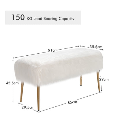 Faux Fur Vanity Stool, Gold Metal Legs, White 91x35cm