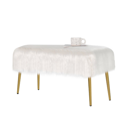 Faux Fur Vanity Stool, Gold Metal Legs, White 91x35cm
