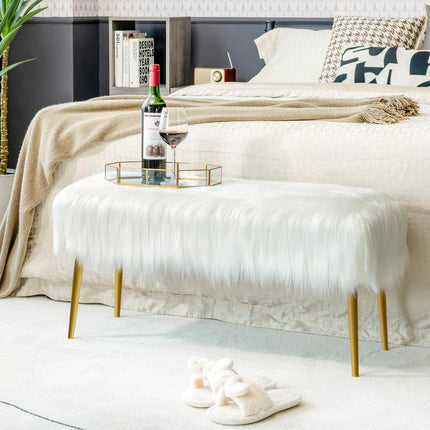 Faux Fur Vanity Stool, Gold Metal Legs, White 91x35cm