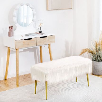 Faux Fur Vanity Stool, Gold Metal Legs, White 91x35cm