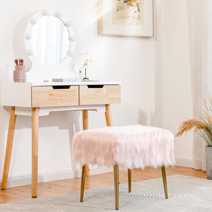 Faux Fur Vanity Stool, Square, Gold Metal Legs, Pink