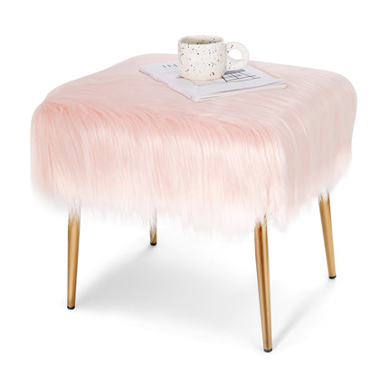 Faux Fur Vanity Stool, Square, Gold Metal Legs, Pink