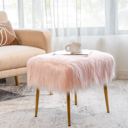 Faux Fur Vanity Stool, Square, Gold Metal Legs, Pink