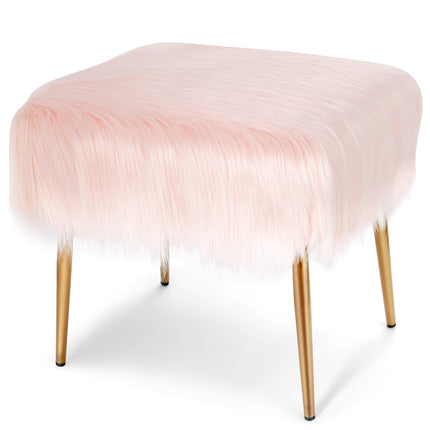 Faux Fur Vanity Stool, Square, Gold Metal Legs, Pink