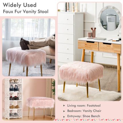 Faux Fur Vanity Stool, Square, Gold Metal Legs, Pink