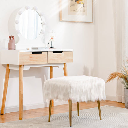 Faux Fur Vanity Stool, White, Gold Metal Legs