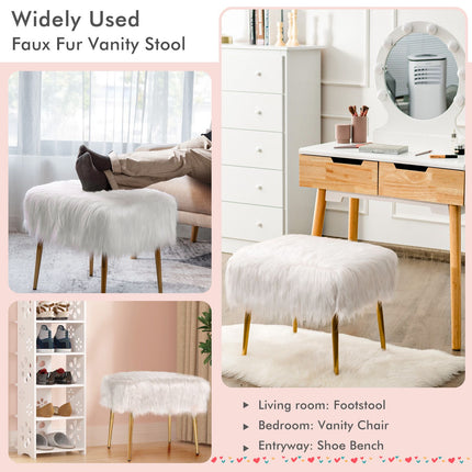 Faux Fur Vanity Stool, White, Gold Metal Legs