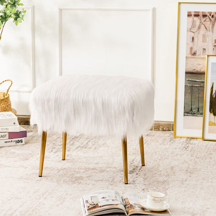 Faux Fur Vanity Stool, White, Gold Metal Legs