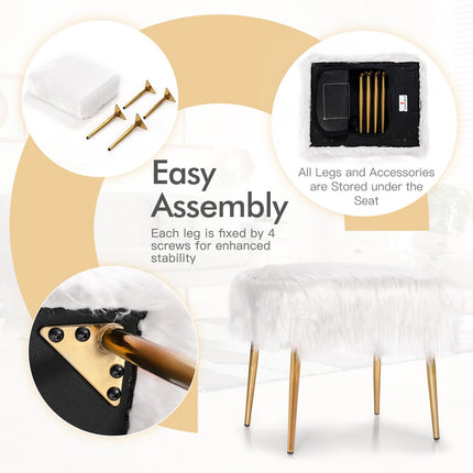 Faux Fur Vanity Stool, White, Gold Metal Legs