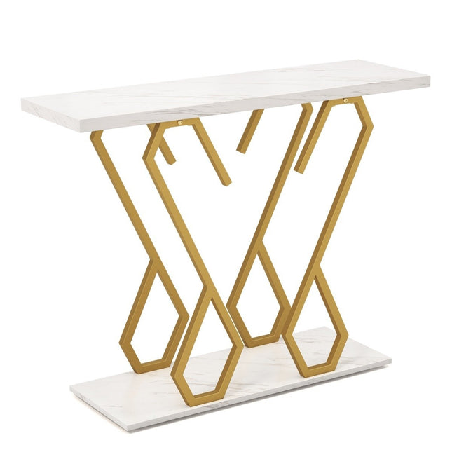 Faux Marble Console Table Foyer Table with White and Gold Adjustable Foot Pads