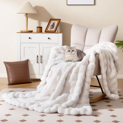 Faux Rabbit Fur Throw Blanket, Beige, 178 x 203 cm