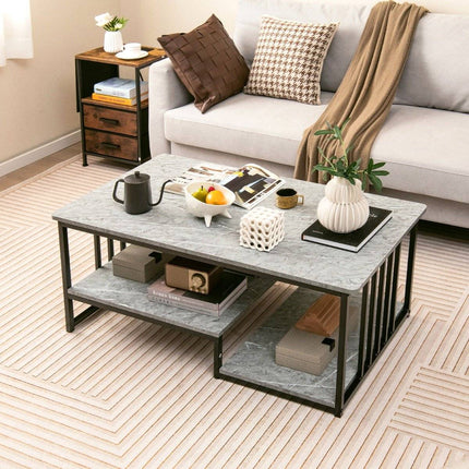 Faux marble coffee table with open shelf & metal frame side table 110 x 60 x 45 cm