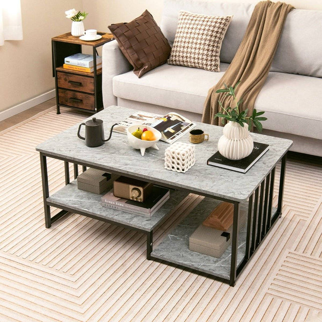 Faux marble coffee table with open shelf & metal frame side table 110 x 60 x 45 cm