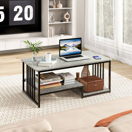 Faux marble coffee table with open shelf & metal frame side table 110 x 60 x 45 cm