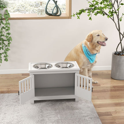 Raised Dog Feeding Station, 2L Stainless Steel Bowl, Storage, White