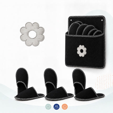 Felt Guest Slippers, 6 Pairs with Storage Bag, Black