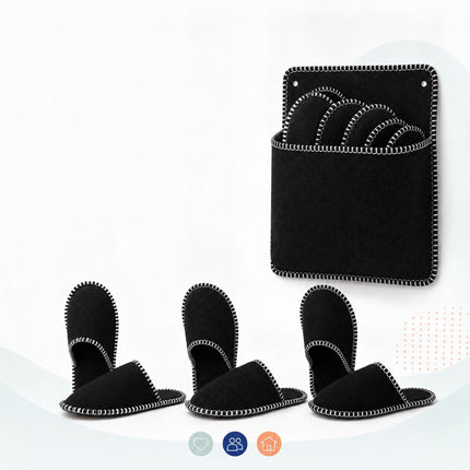 Felt Guest Slippers Set, 6 Pairs, Black, Non-Slip Sole