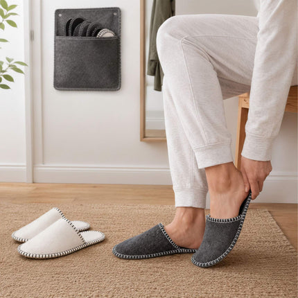 Felt Guest Slippers Set, 6 Pairs, Black, Non-Slip Sole