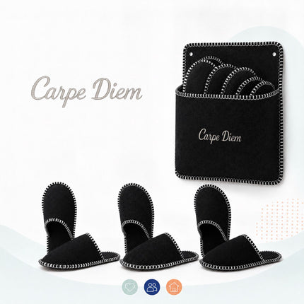 Felt Guest Slippers Set, 6 Pairs, Black, Non-Slip, Unisex