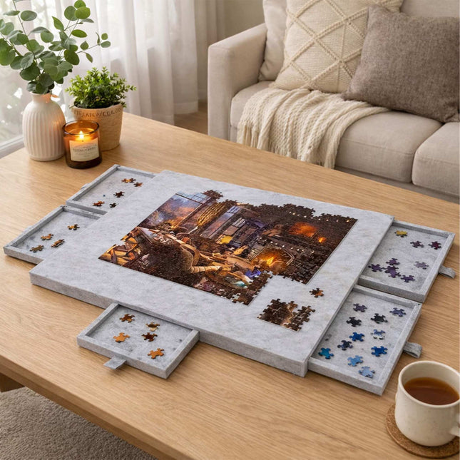 Felt Puzzle Board with 6 Drawers, Light Grey