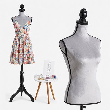 Female Dress Form 36/38 Velvet, Light Grey, Adjustable Stand