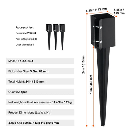 Fence Post Ground Spike Anchors, 4 Pack, Fits 3.5 in
