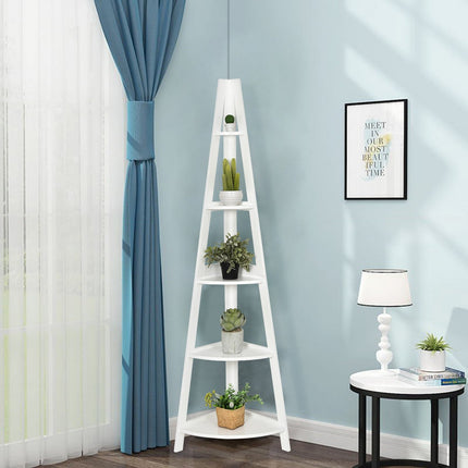 File Shelf 5 Shelves Ladder Style A-Shaped Standing Shelf Corner Shelf Wood White
