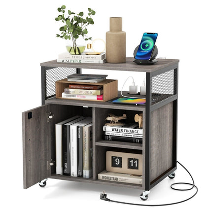 Filing cabinet on wheels Office cabinet with charging station &amp; Hole for cable management printer stand-gray