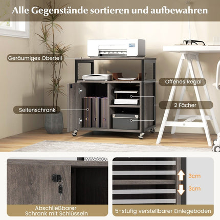 Filing cabinet on wheels Office cabinet with charging station &amp; Hole for cable management printer stand-gray