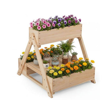 Fir Wood Planter Stand with 3 Boxes and Open Shelf, 75 kg Capacity, Natural